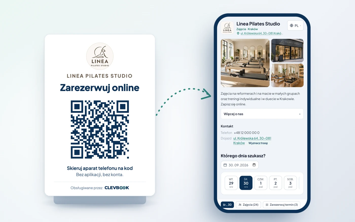 Stojak z kodem QR w recepcji, obok telefon ze stroną rezerwacji studia.