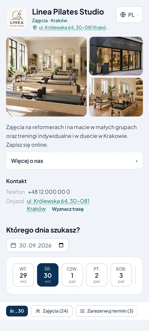 Strona rezerwacji studia pilatesu na telefonie: logo, zdjęcia wnętrza i z zewnątrz, poniżej pasek dat z wolnymi terminami.